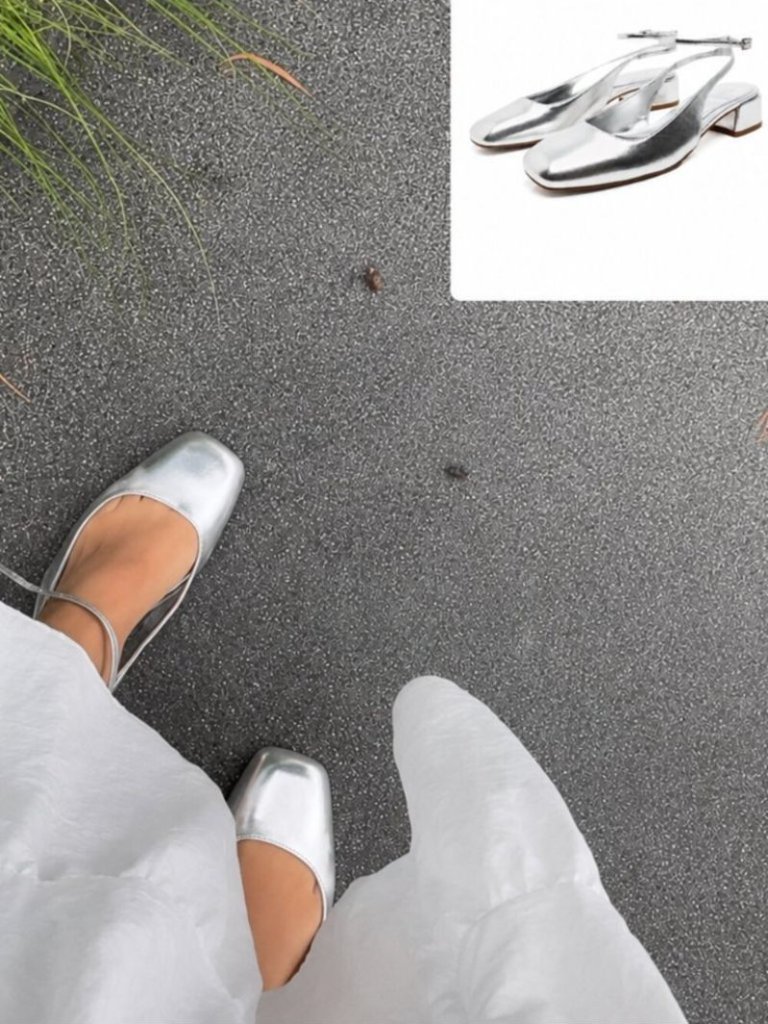 Zara Block Heel Ballerina Square Toe Slingback Heels Silver Size 40/9-9.5